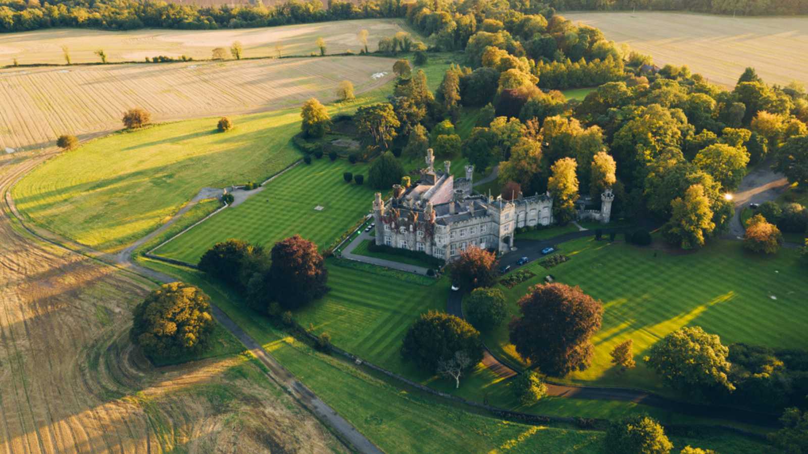 Castleknock, Dublin / Ireland - October 2020 : Aerial view of Luttrellstown Castle Resort, luxurious 5-star hotel and wedding venue in 15th-century castle offered for hire