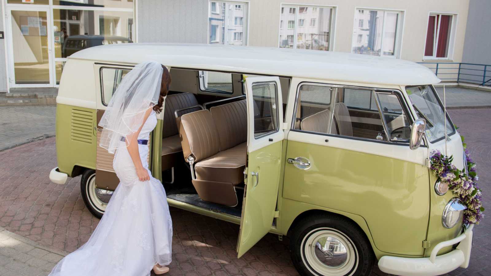 Riga,Latvia - May 28,2016: Green old Volkswagen bus decorated for wedding
