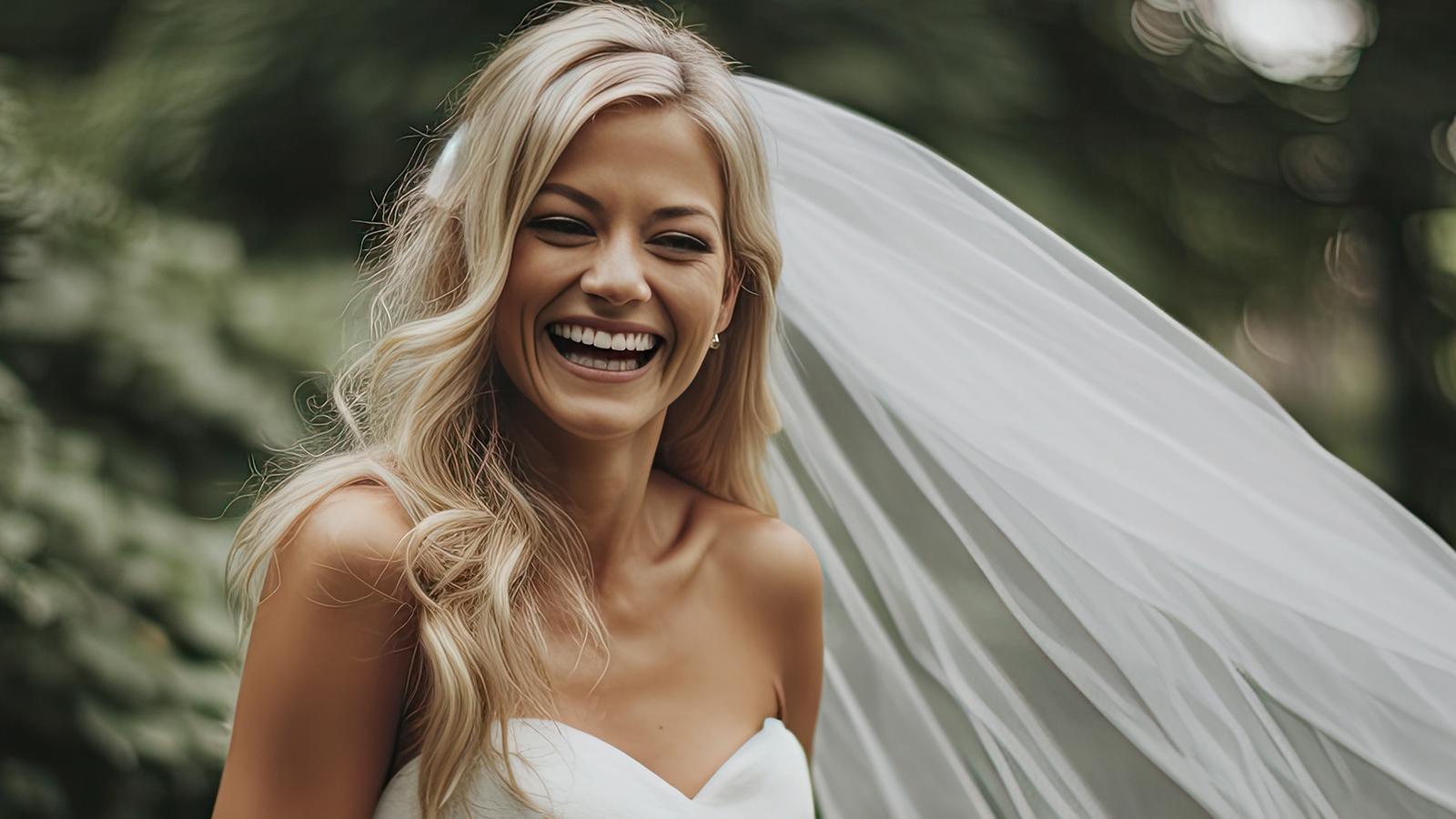 Portrait photograph of Happy bride in wedding dress smiling in garden wedding, Generative AI