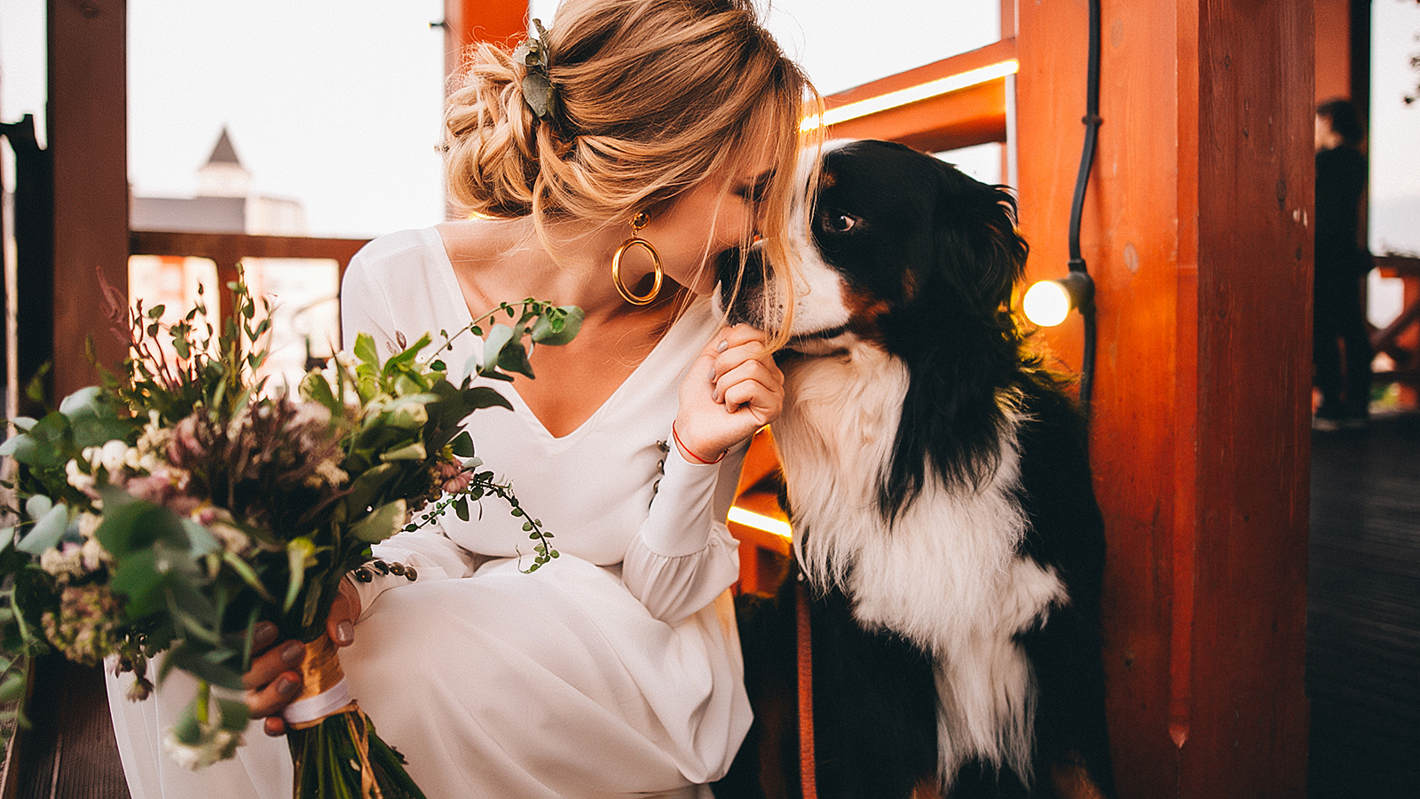 Bride on her wedding day and her favorite dog, Sennenhund Bernese