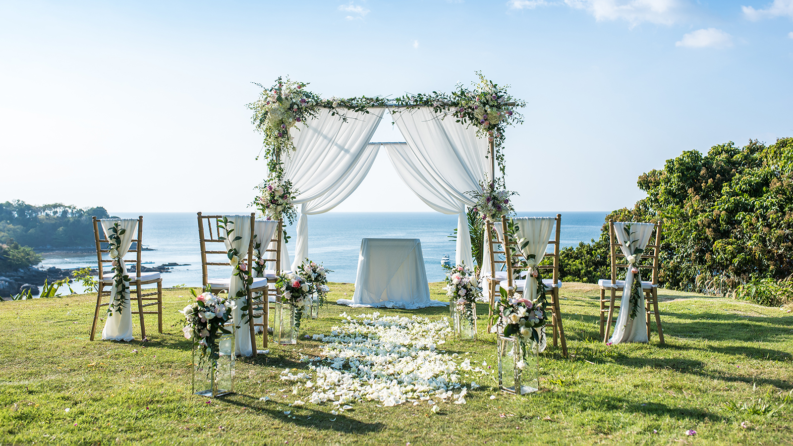 Romantic wedding ceremony on the lawn Sea view.