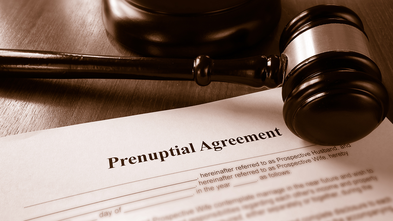 Prenuptial marriage agreement with a gavel