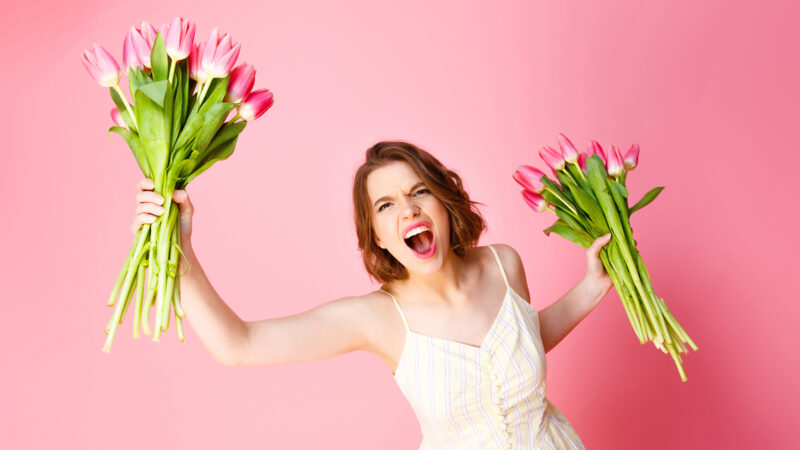 portrait of angry woman with bouquets of tulips isolated on pink