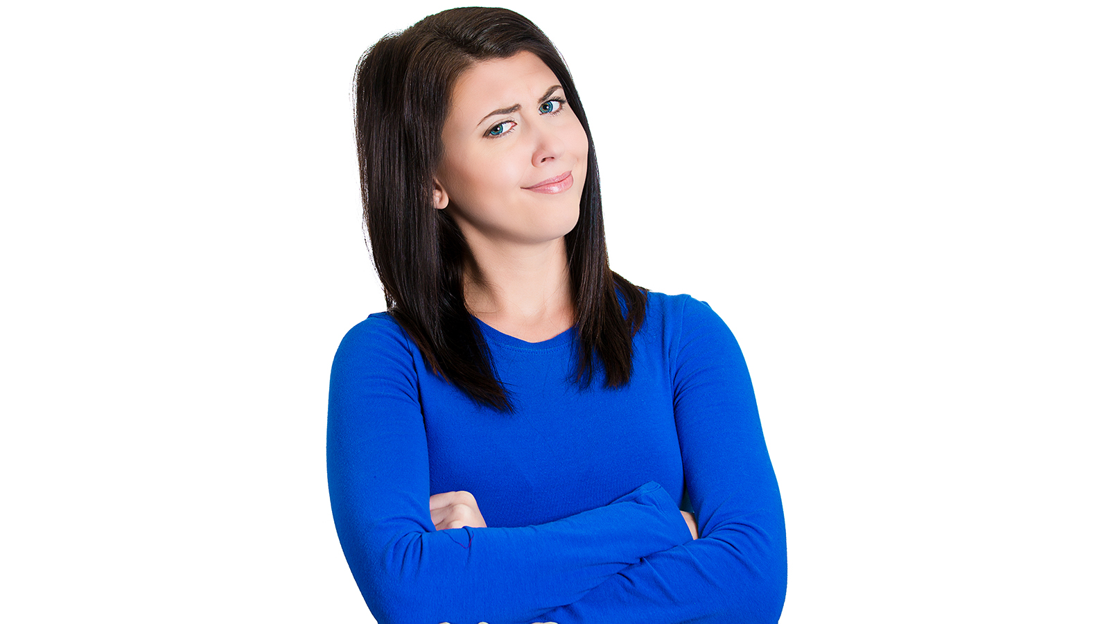 Closeup portrait of skeptical young lady, woman looking suspicious, some disgust on her face mixed with disapproval, isolated on white background. Negative human emotions, facial expressions, feelings