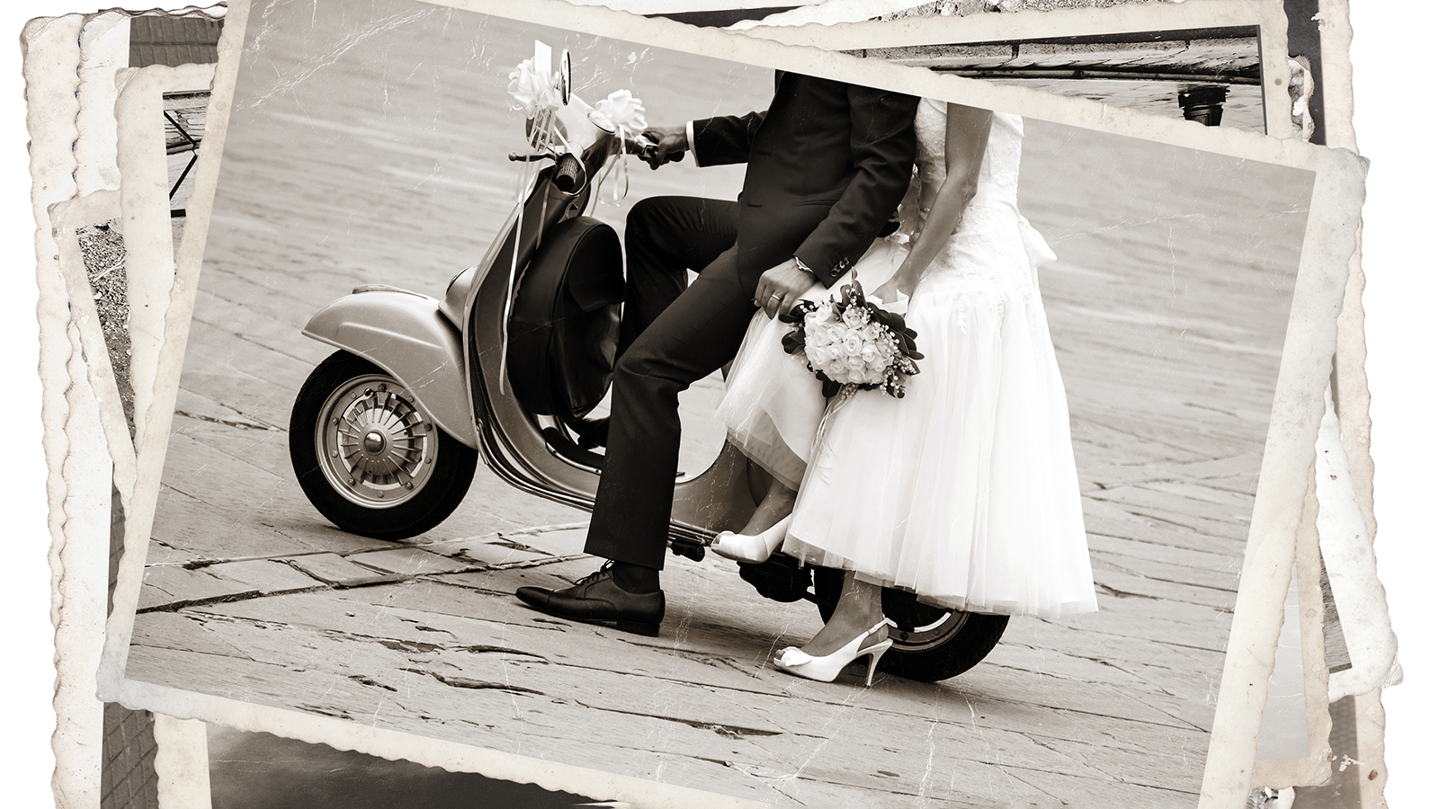 Black and white photos, Vintage photos with Young newlywed just married, posing on an old gray scooter