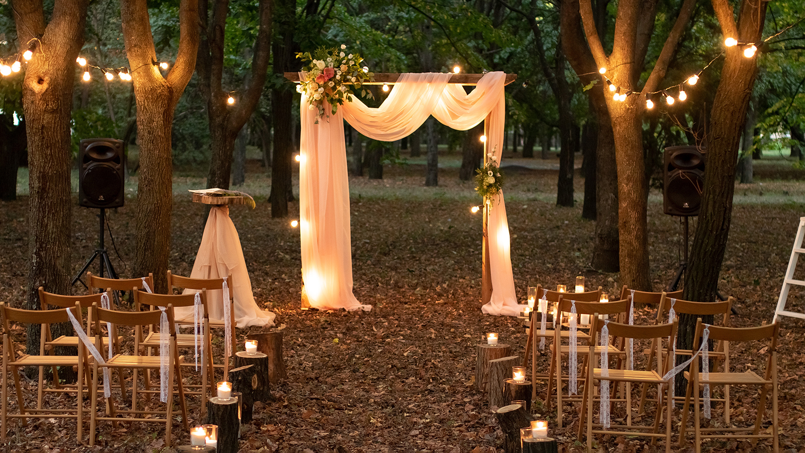 Wedding arch in the woods with light bulbs. Beautiful wedding rustic in the forest. Seats for guests at a beautiful wedding with light bulbs in the forest.