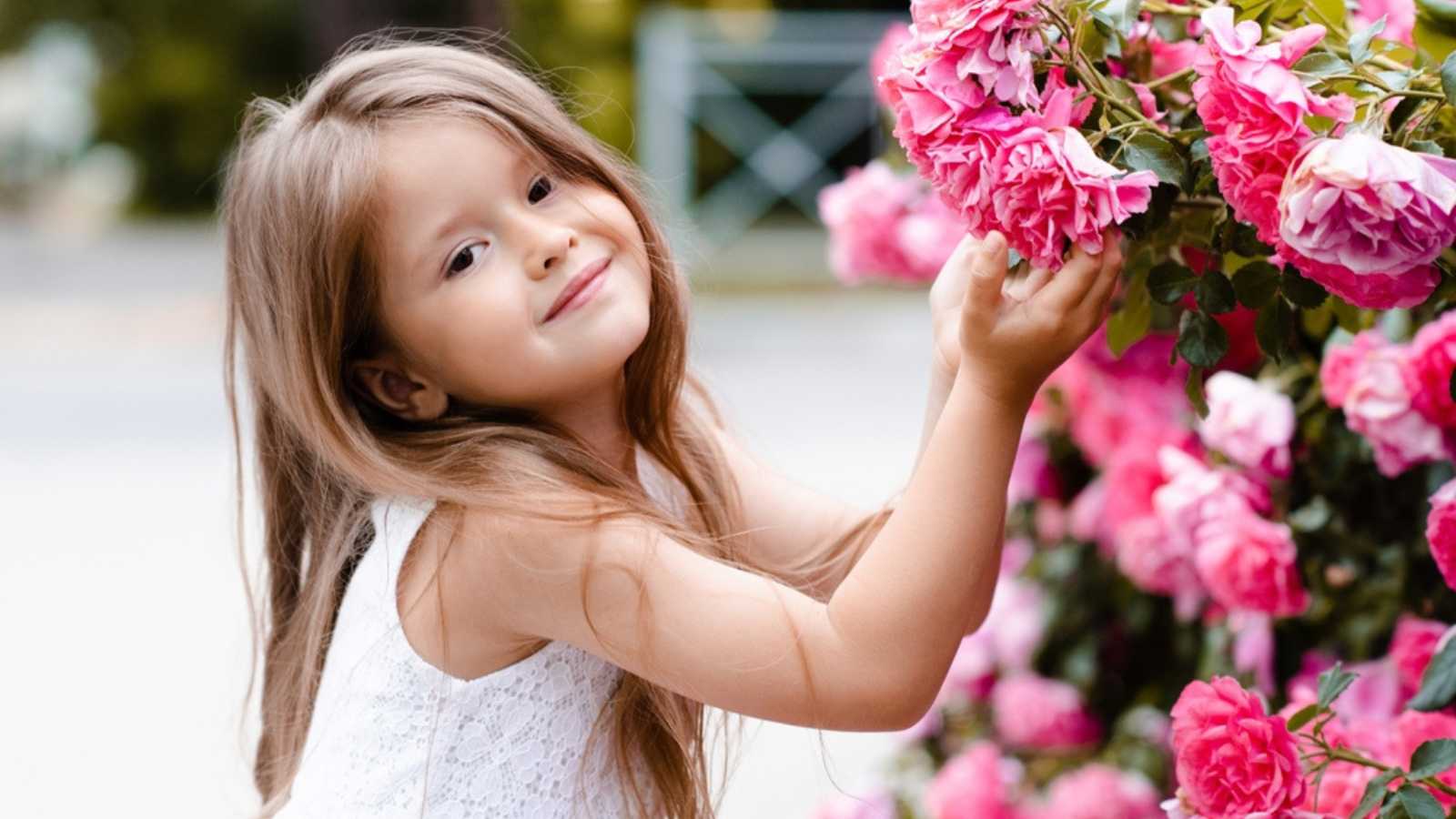 Child near flowers