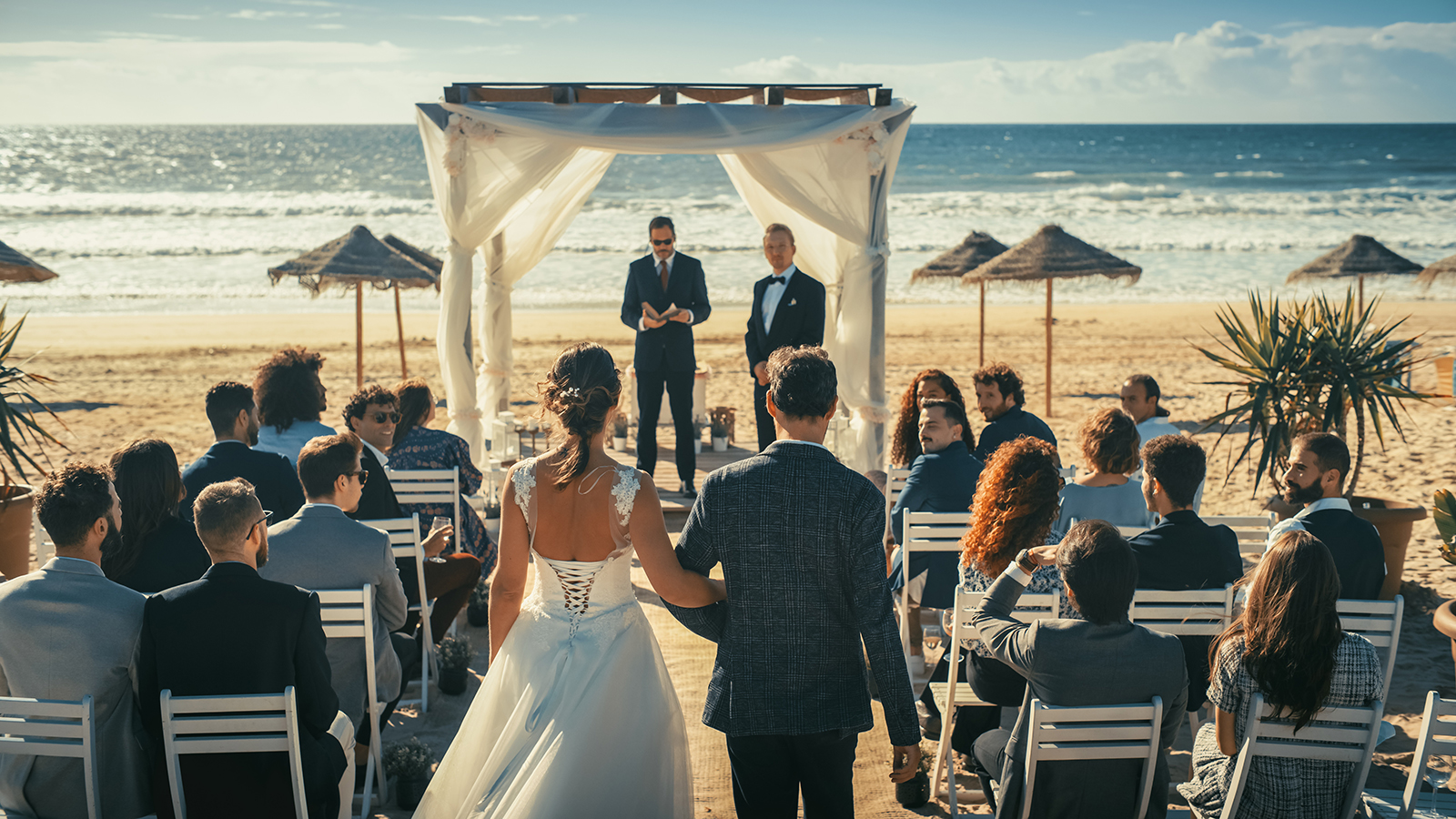 Beautiful Bride in White Wedding Dress Going Down the Aisle with Her Father, while Groom Waits at an Outdoors Ceremony Venue Near the Sea with Happy Multiethnic and Diverse Friends.