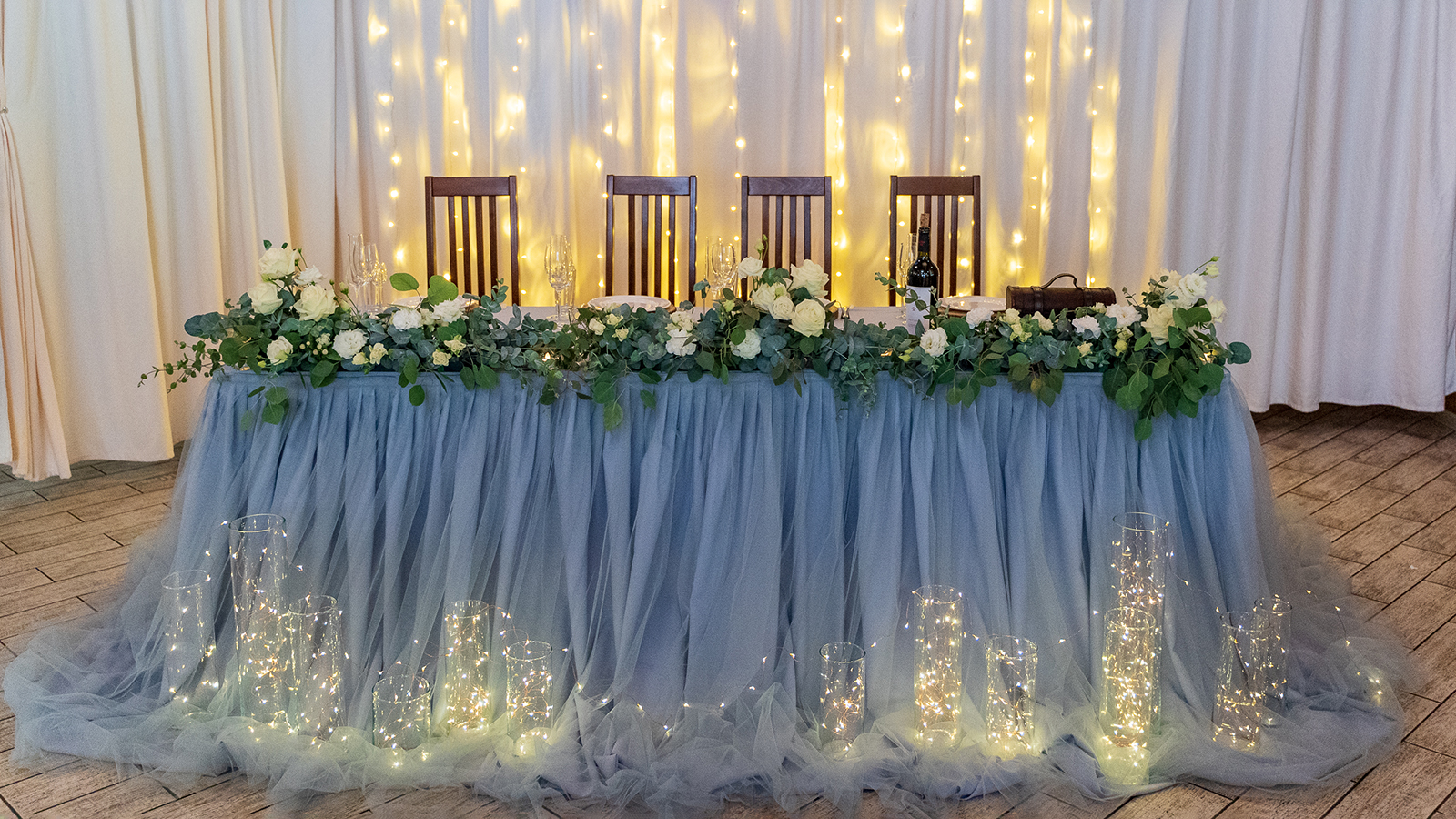 Wedding decoration with flowers and lights