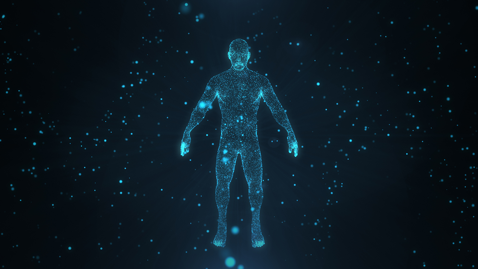Abstract human body with glowing particles with healthy and technology concept in dark and blue light. Human body health, modern medical science in future and global international medical.