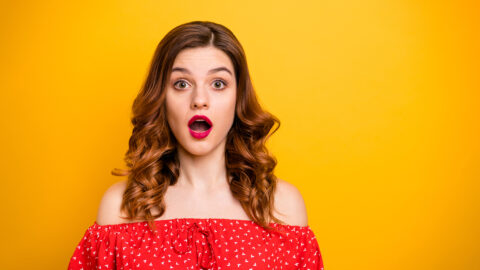 Photo of foxy lady open mouth bad news wear red dress with open shoulders isolated yellow background