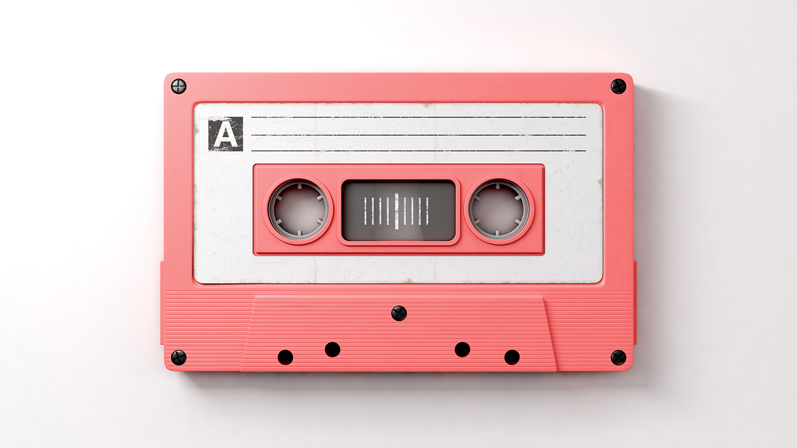 A 3D render of a pink vintage audio cassette tape with a white label that reads mix tape on an isolated white background