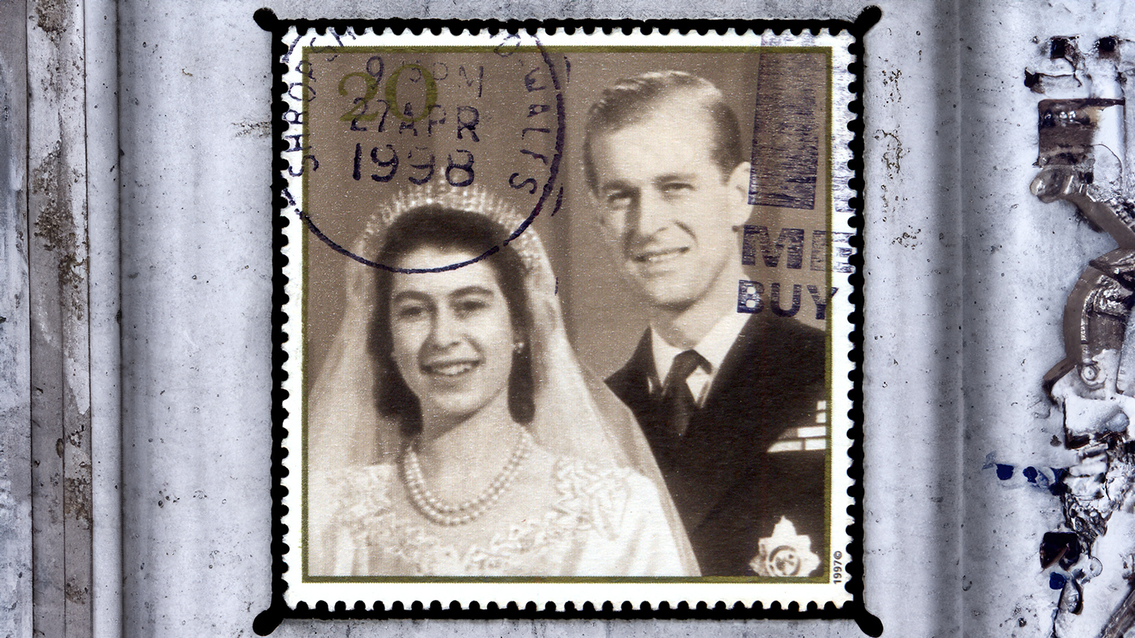 MOSCOW, December 1, 2018: British Postage Stamp celebrating the Golden Anniversary of the 1947 Royal Wedding of Queen Elizabeth 2nd, showing wedding picture, circa 1997