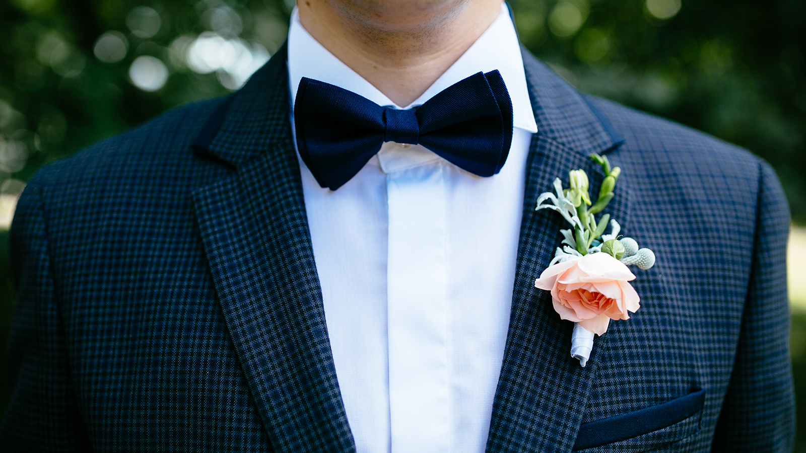 The groom in a suit with a buttonhole and a butterfly