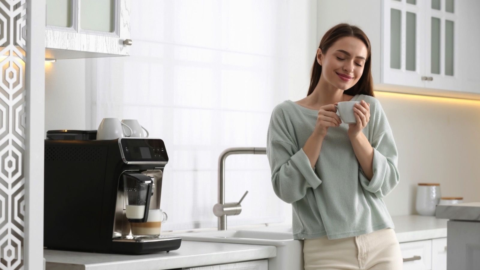 Woman using Espresso Machine